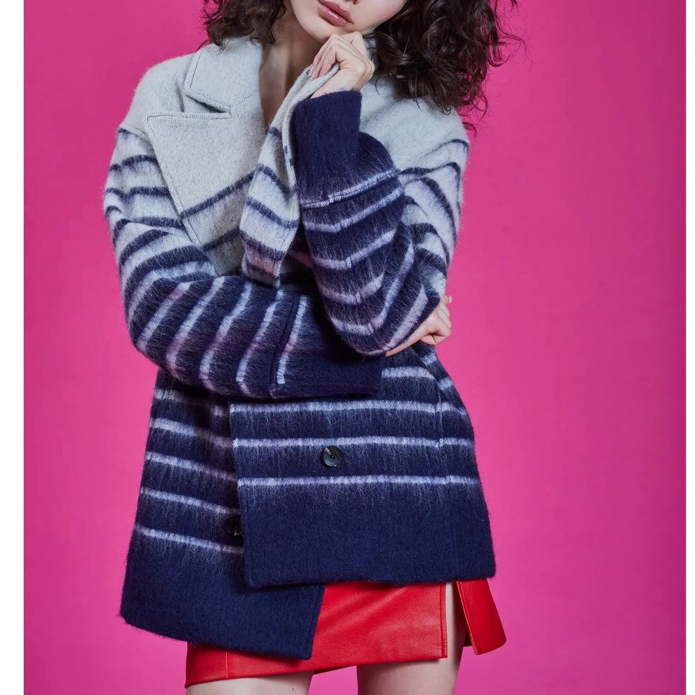 NEW Avec Les Filles Double Breasted Striped Wool Blend Peacoat Navy White Large